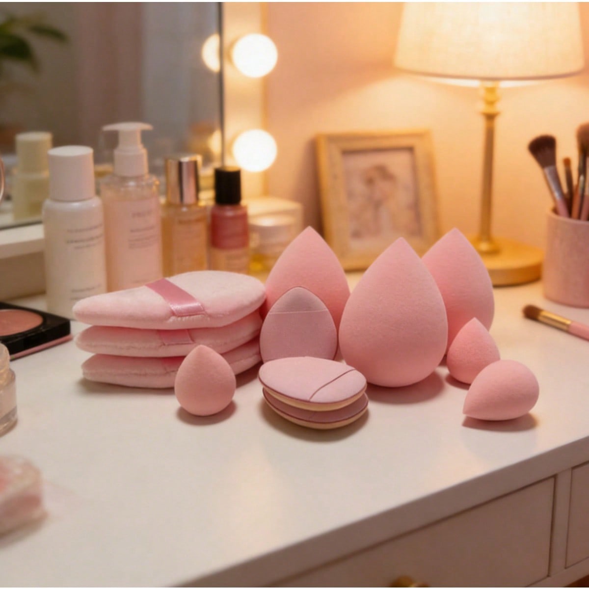 12Pc Pink Cosmetic Sponge Set Professional Beauty Blender & Triangle Puff