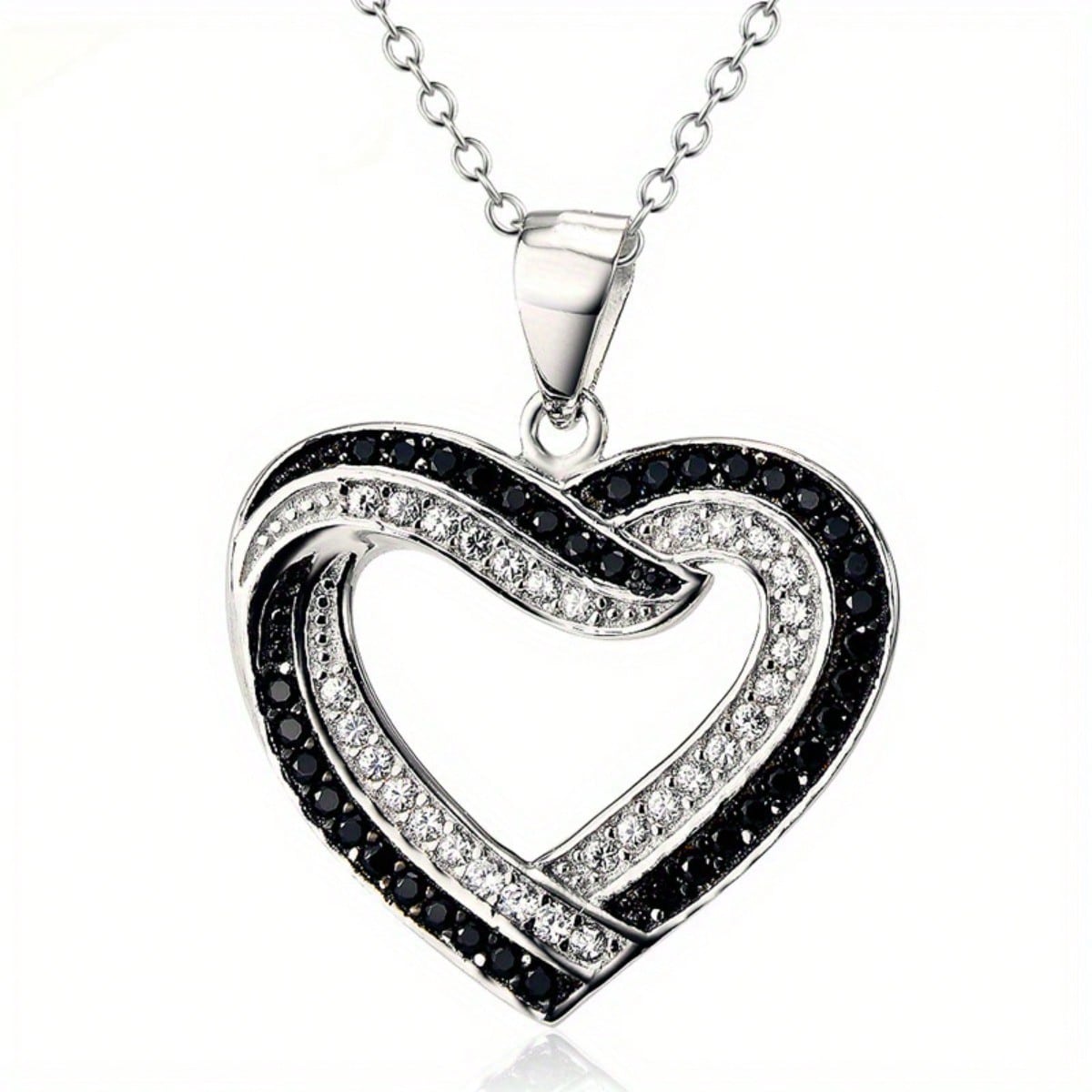 Women Elegant Heart Beaded Necklace Black White Pendant Silvery Chain Jewelry