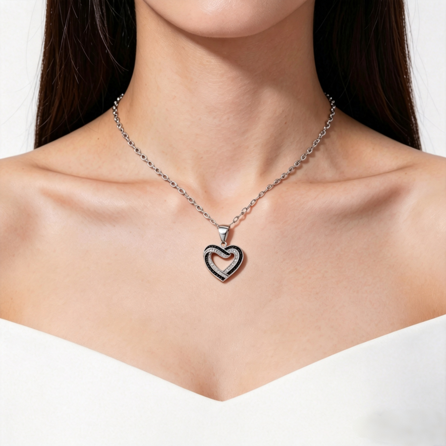 Women Elegant Heart Beaded Necklace Black White Pendant Silvery Chain Jewelry