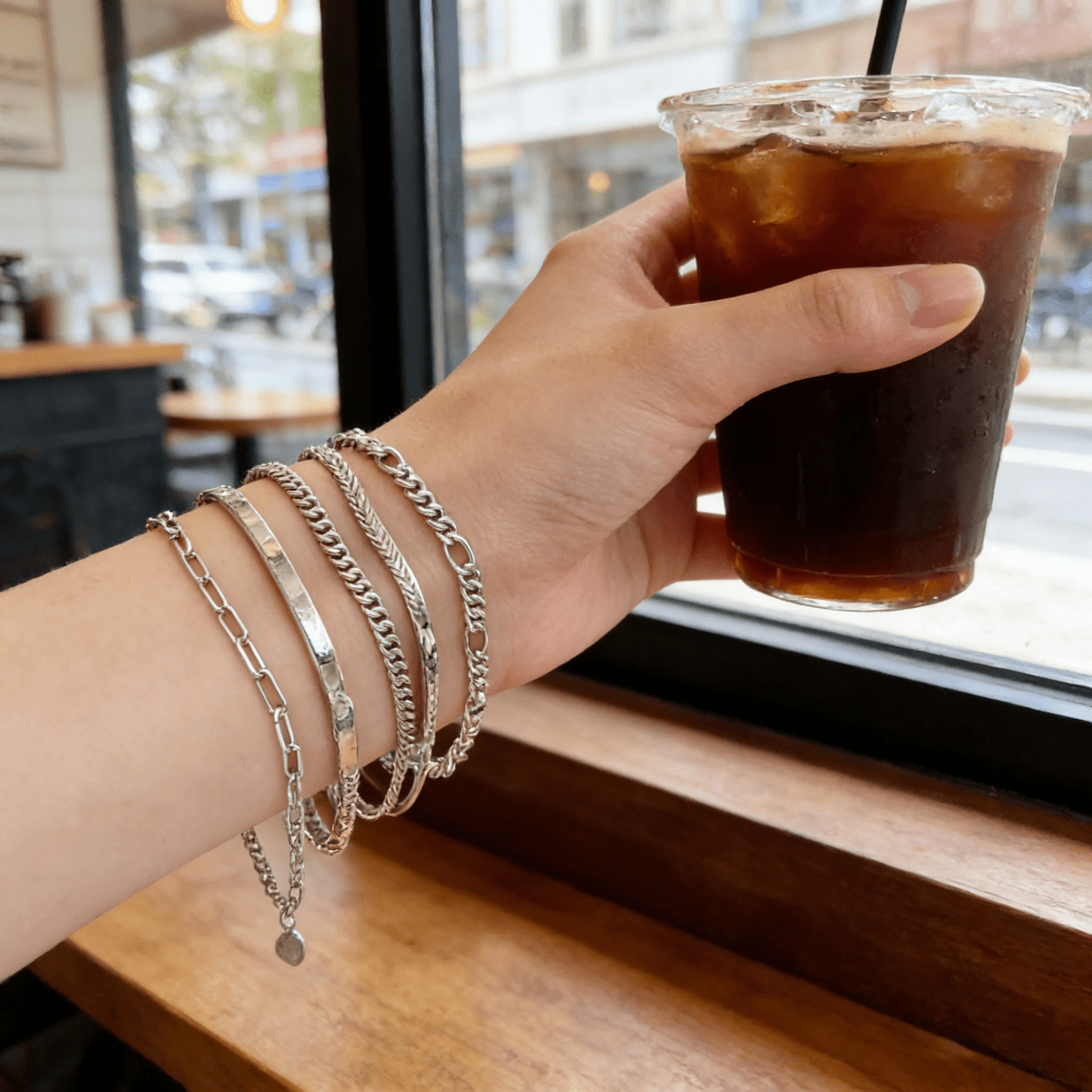 Women Layered Beaded Bracelet Set Figaro Paperclip Chain Fashion Jewelry