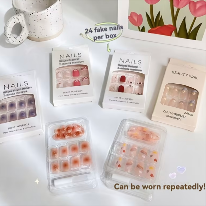 1 Box 24pcs Random Press On Nails Y2K Cute Summer Cat Eye Gradient Fake Nails