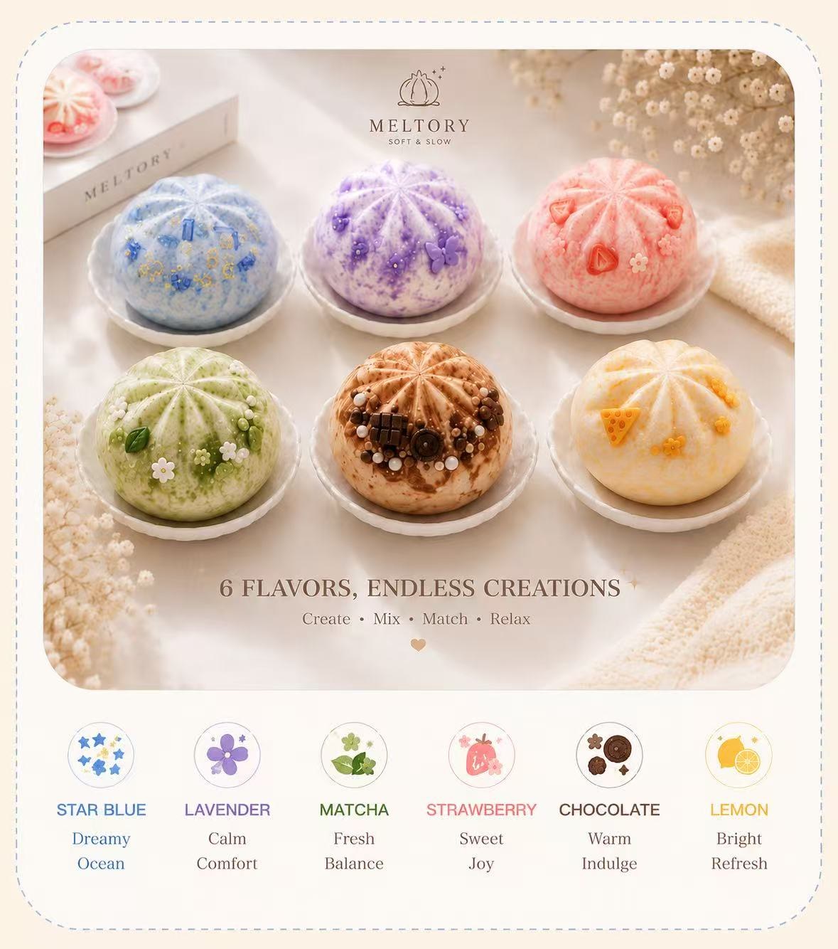 Meltory Baozi Squishy six flavor lineup with Starry Ocean, Lavender, Strawberry, Matcha, Chocolate, and Lemon styles