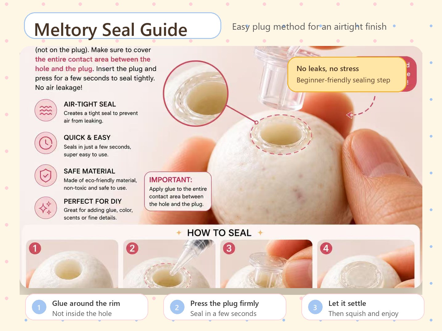 Meltory seal guide showing how to glue around the plug and close the baozi squishy